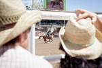 Two people with cowboy hats watch the rodeo at the Calgary Stampede 
