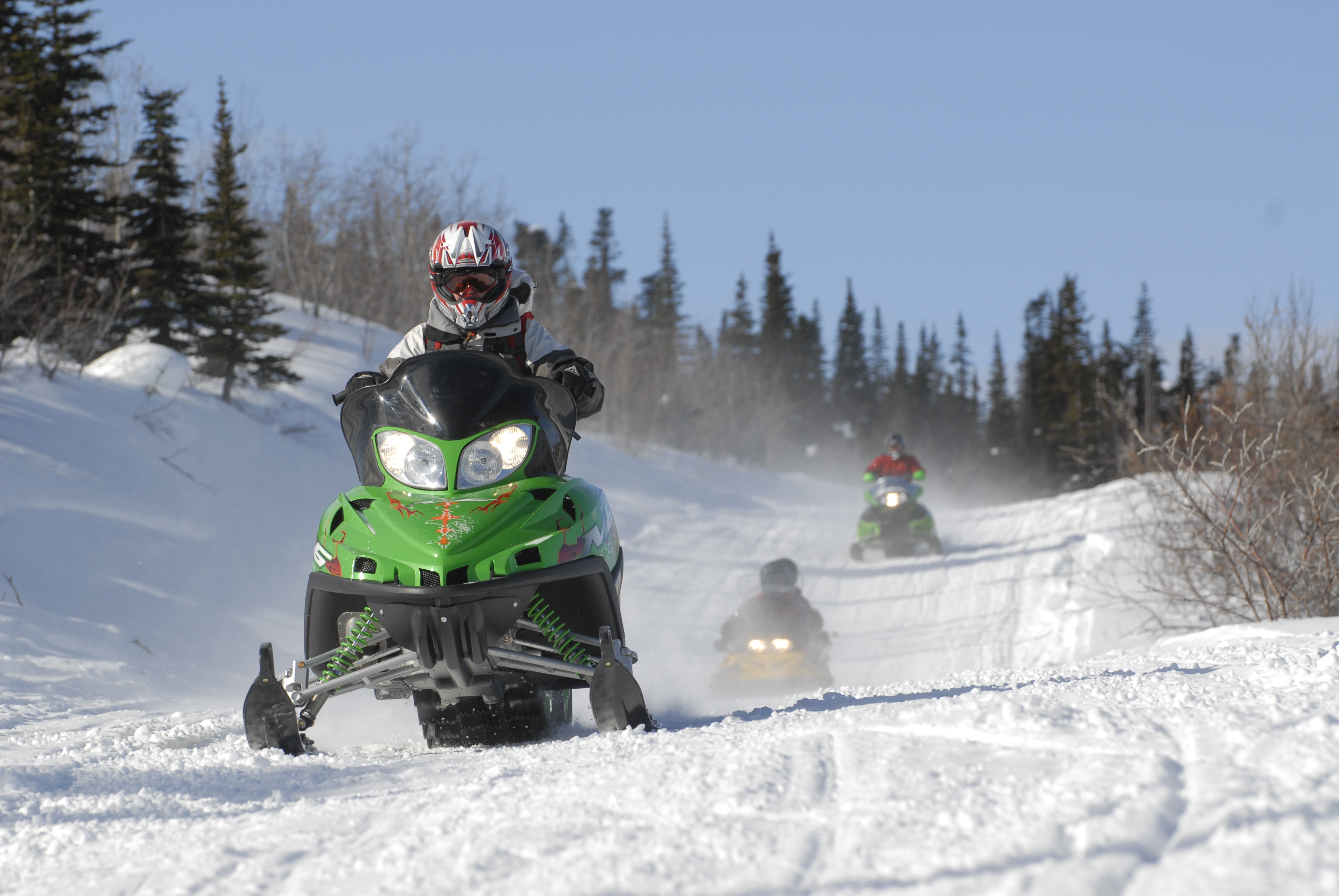 Three people riding snowmobiles through the snowy forest