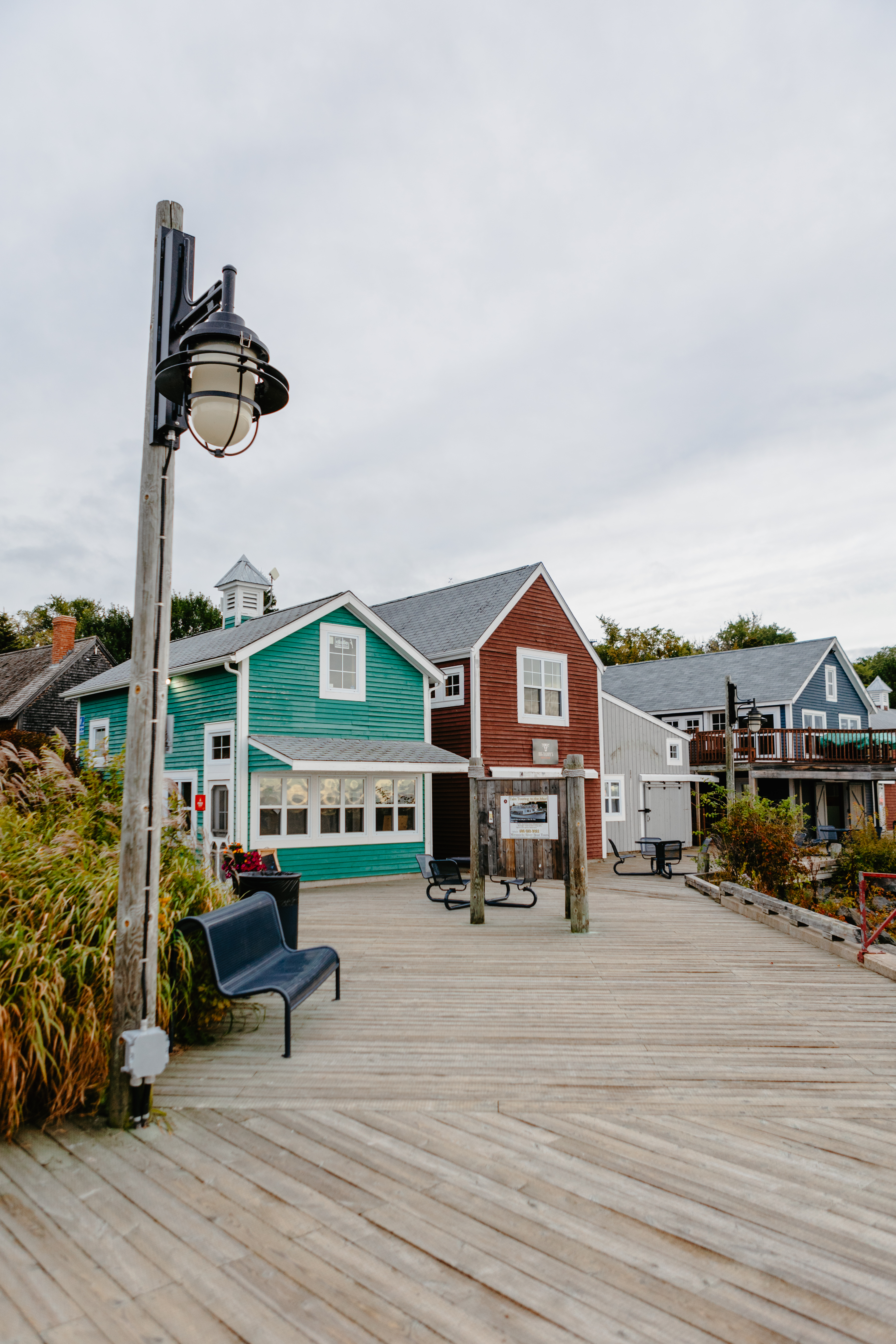Industrial waterfront converted into public park with shipbuilding theme with boardwalk in Miramichi, New Brunswick