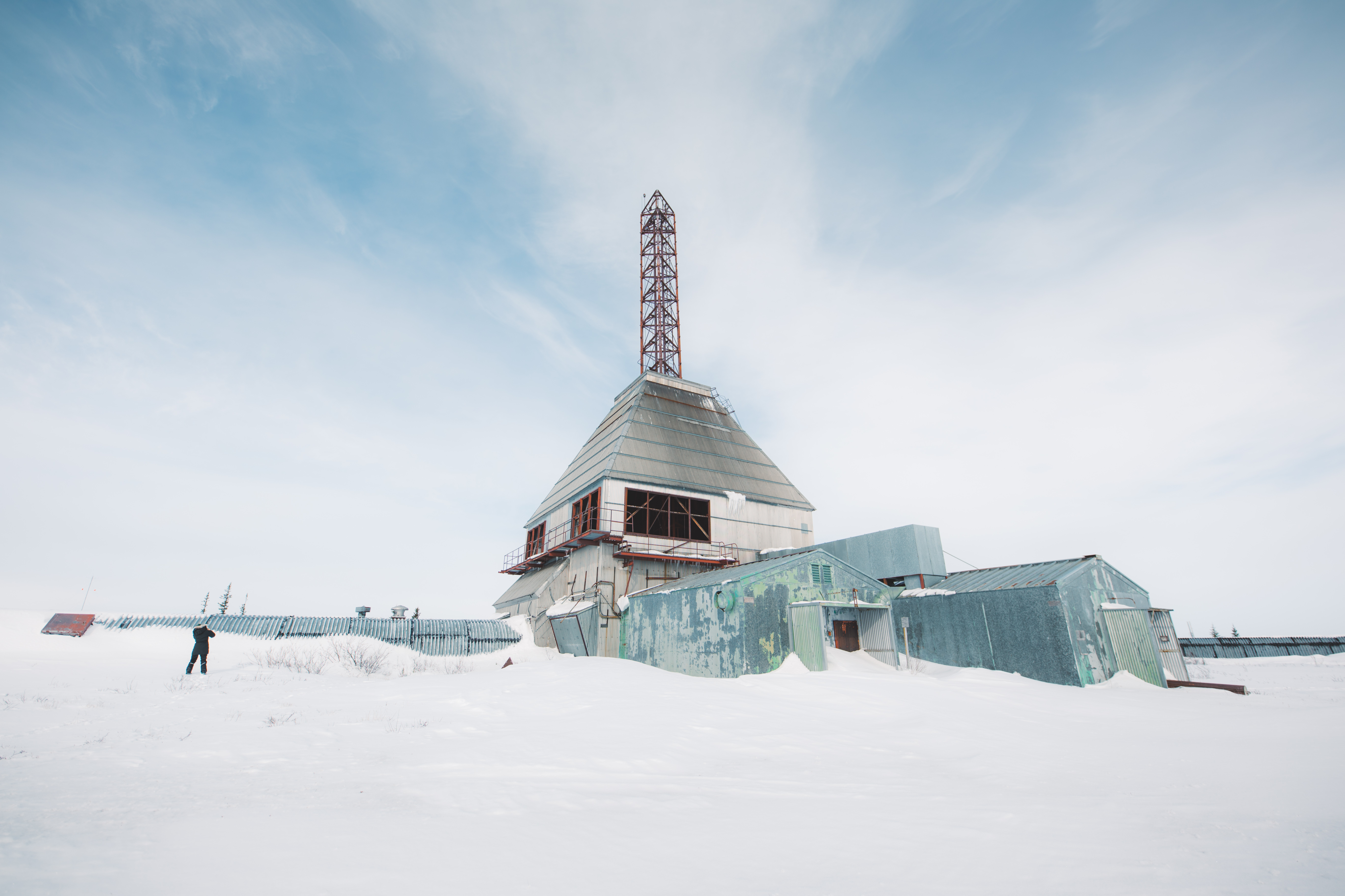 View of the Churchill Rocket Research Range National Historic Site in winter with snow on the ground