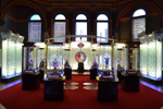 Hockey trophy cups in glass display cases in a museum