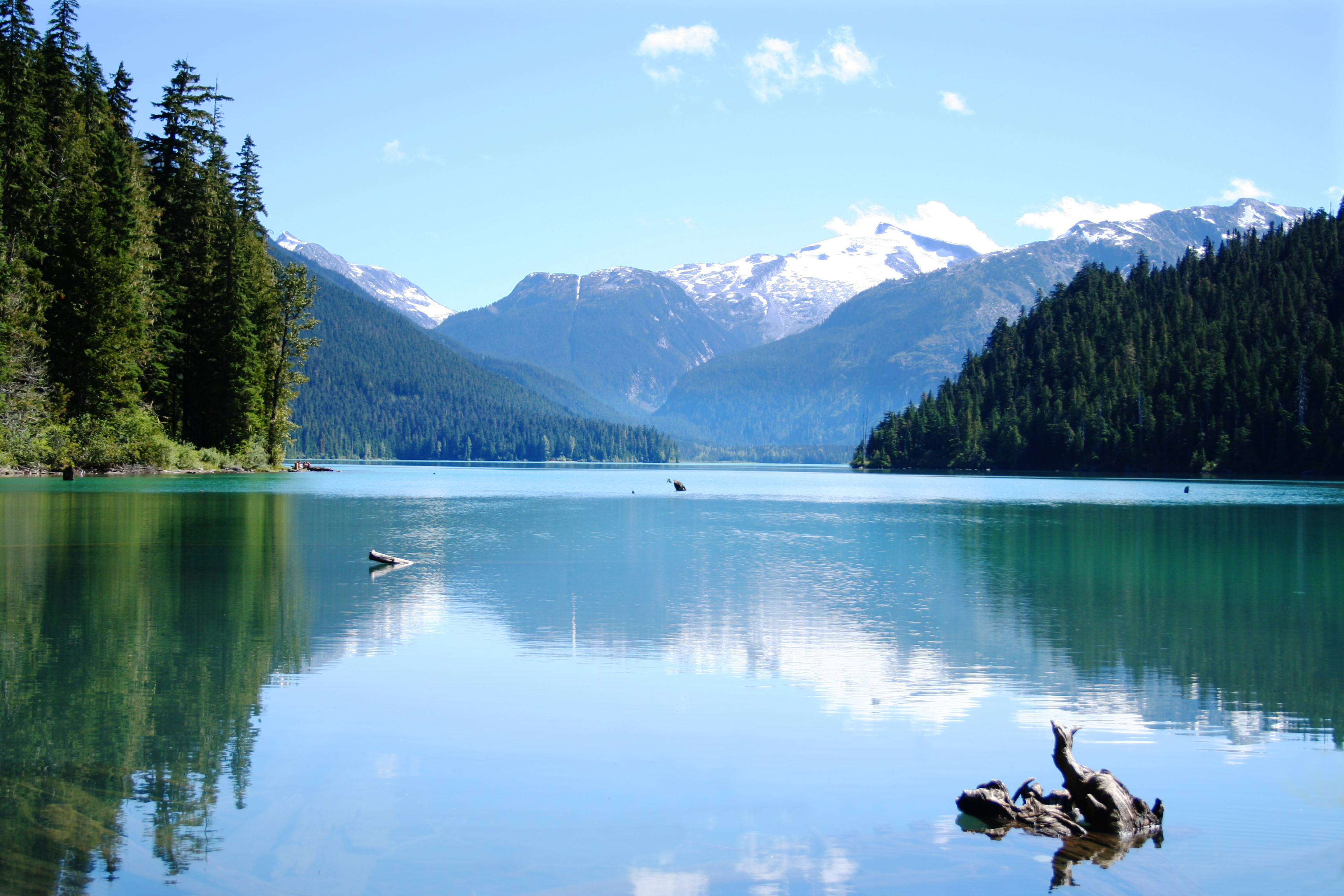 Mountains behind Cheakamus Lake in Garibaldi Provincial Park on a summer day