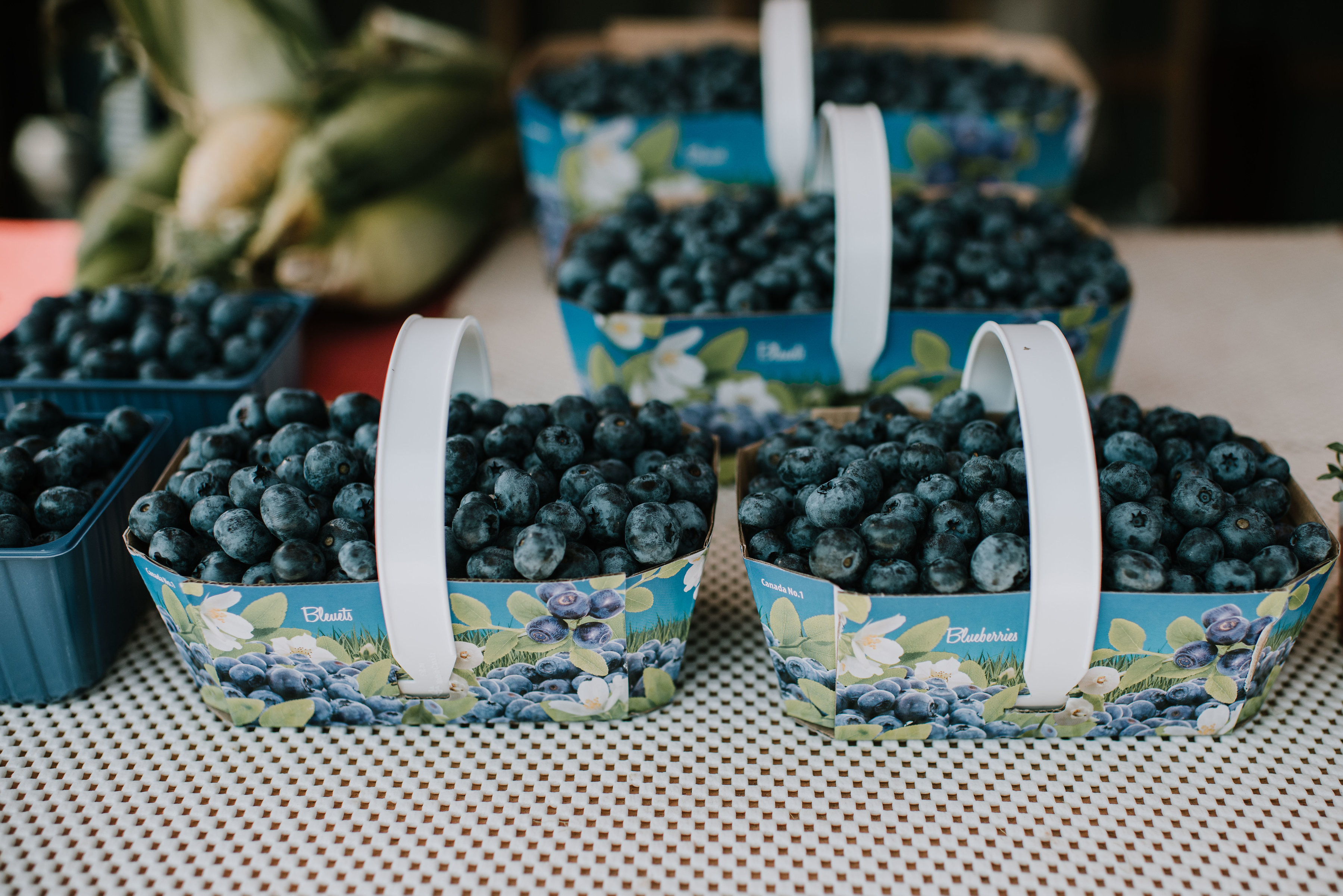 Fresh blueberry batches in containers with handles set on flat surface