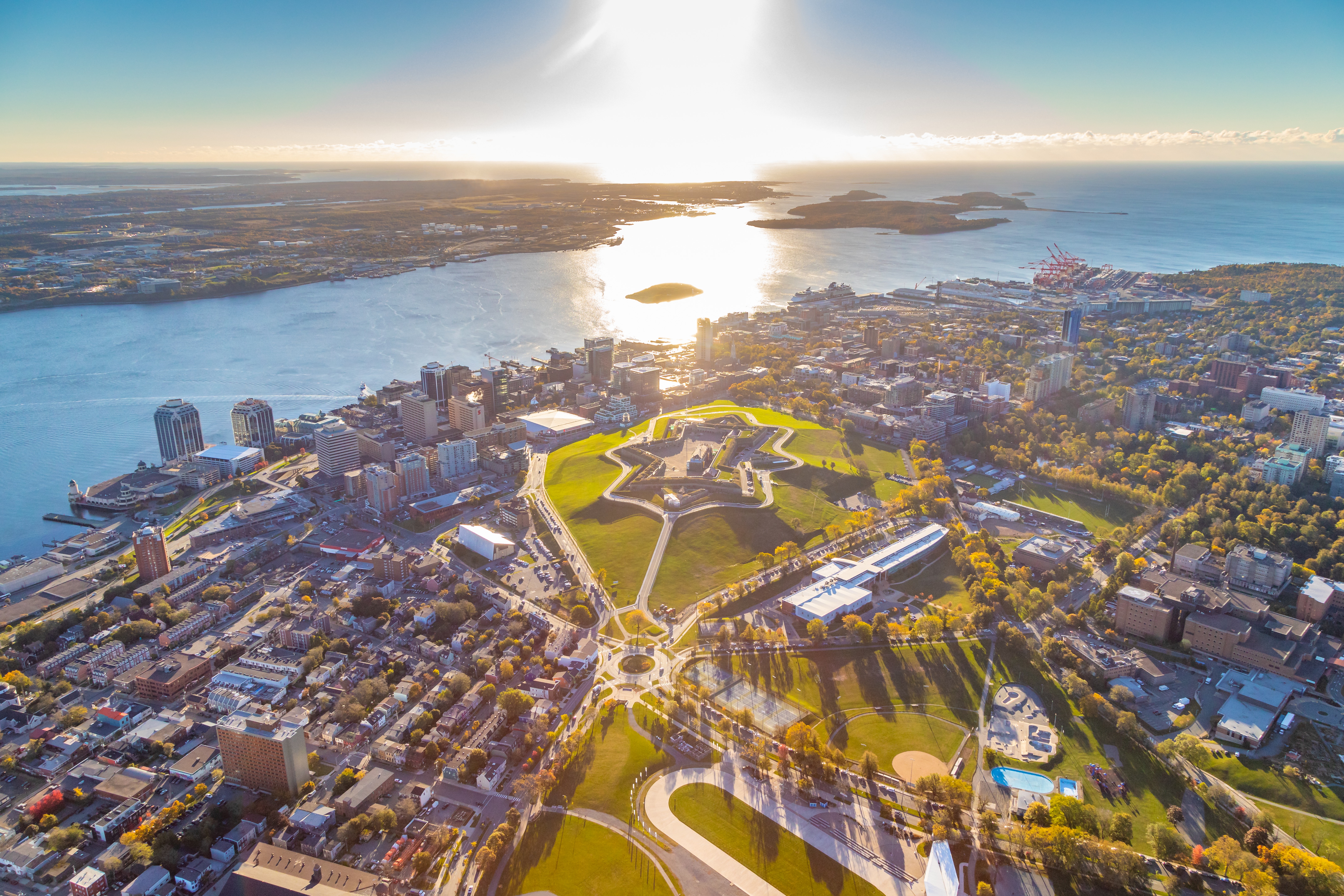 Aerial view of Halifax towards the ocean on a sunny day