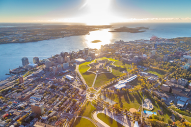 Aerial view of Halifax towards the ocean on a sunny day