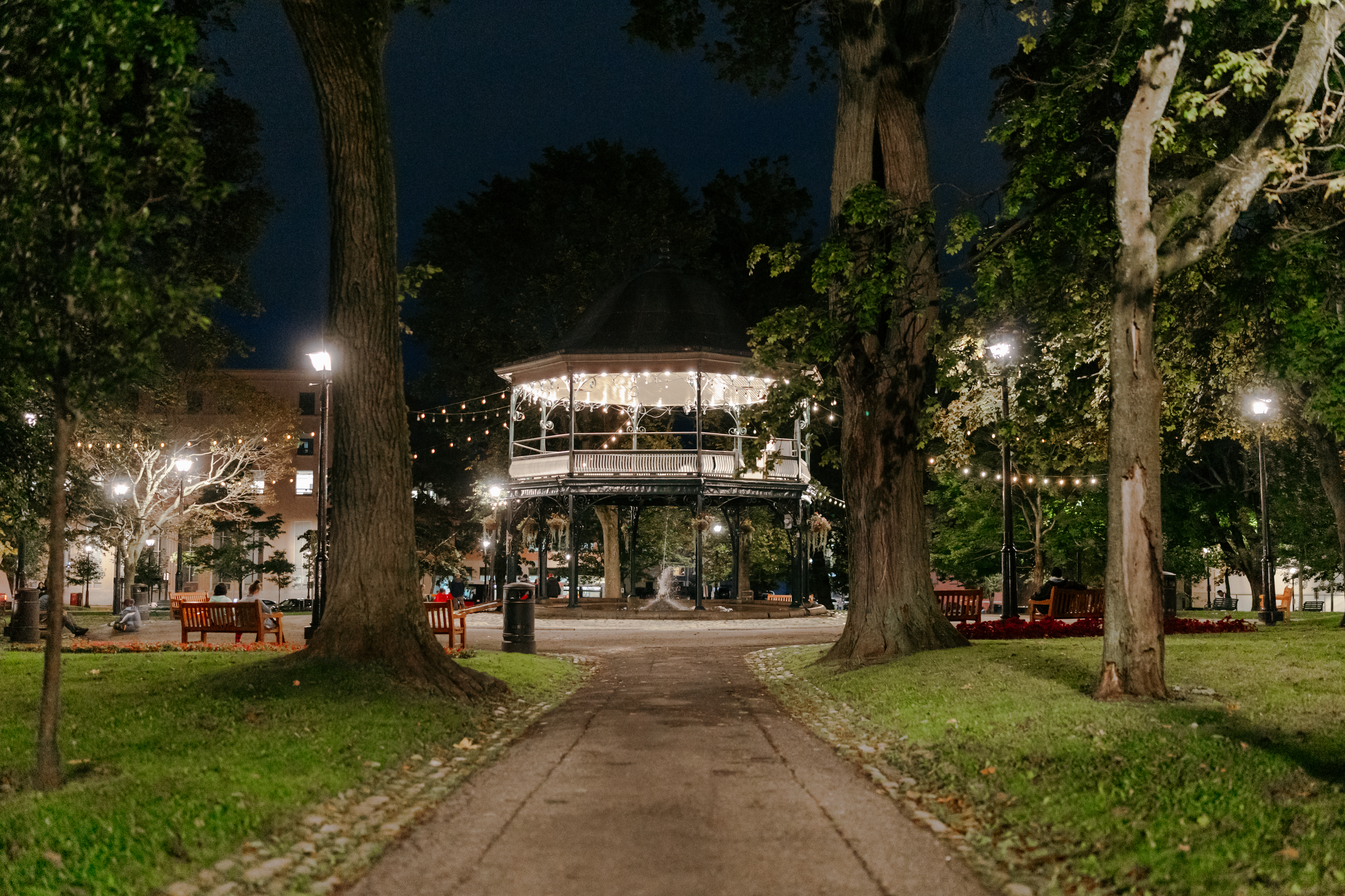 King Edward VII Memorial Bandstand landmark, in illuminated King's Square, located in the city of Saint John