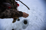  Ice fishing in Canada's Northwest Territories with rod made with wooden branch with line dipped into drilled hole and water under frozen lake