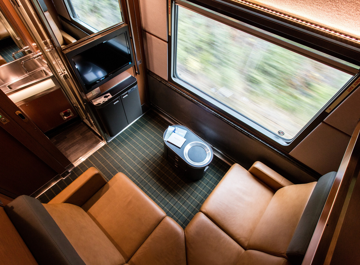An aerial view of the Prestige cabin onboard the Canadian train.