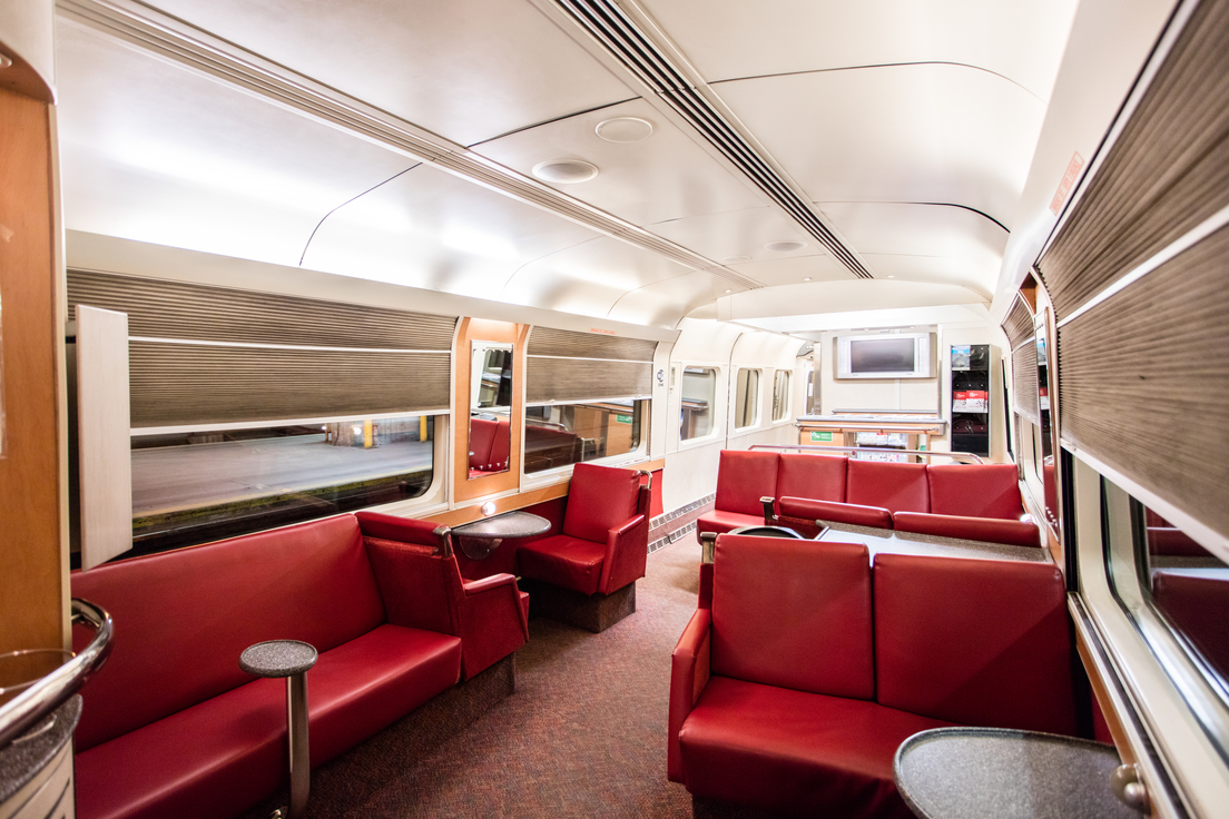 Spacious lounge chairs in VIA Rail's The Ocean, a train that travels across Eastern Canada. 