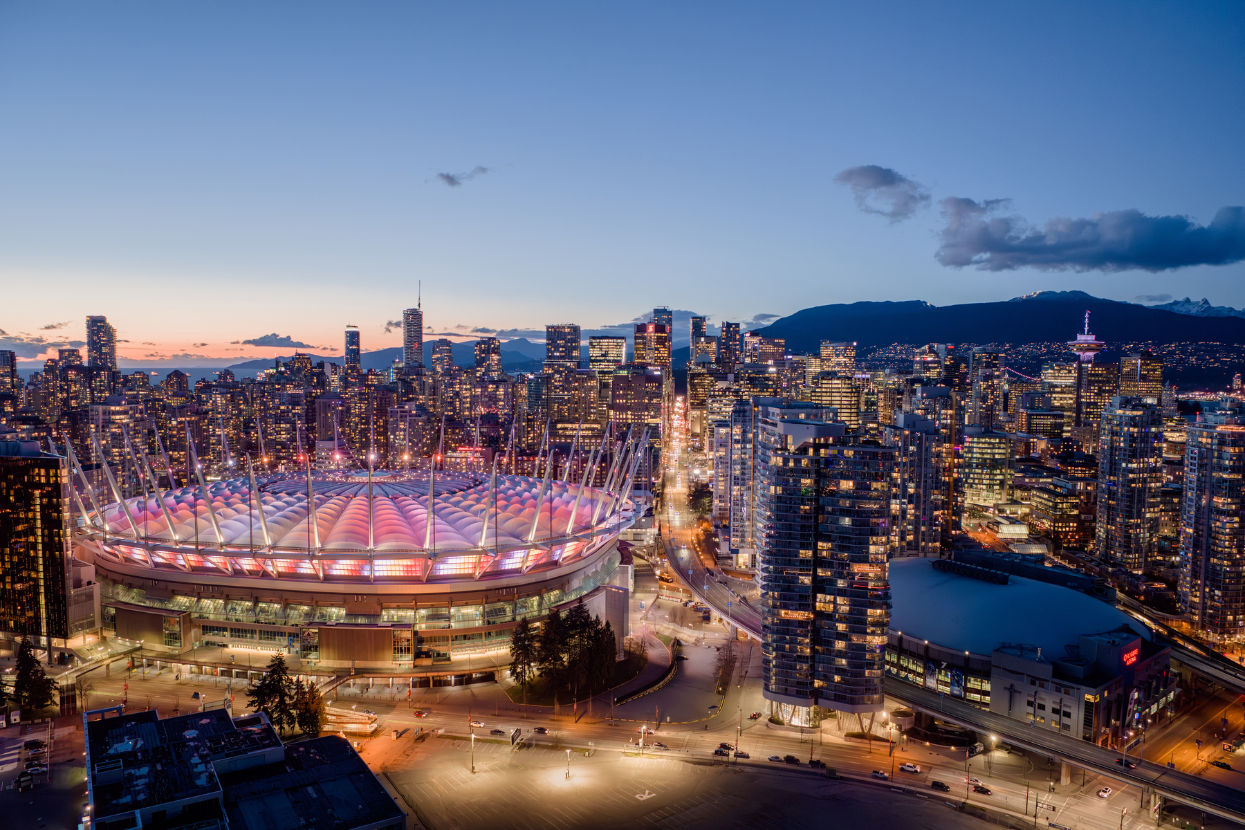 Aerial view over FIFA World Cup 2026 venue BC Place in Vancouver at dusk