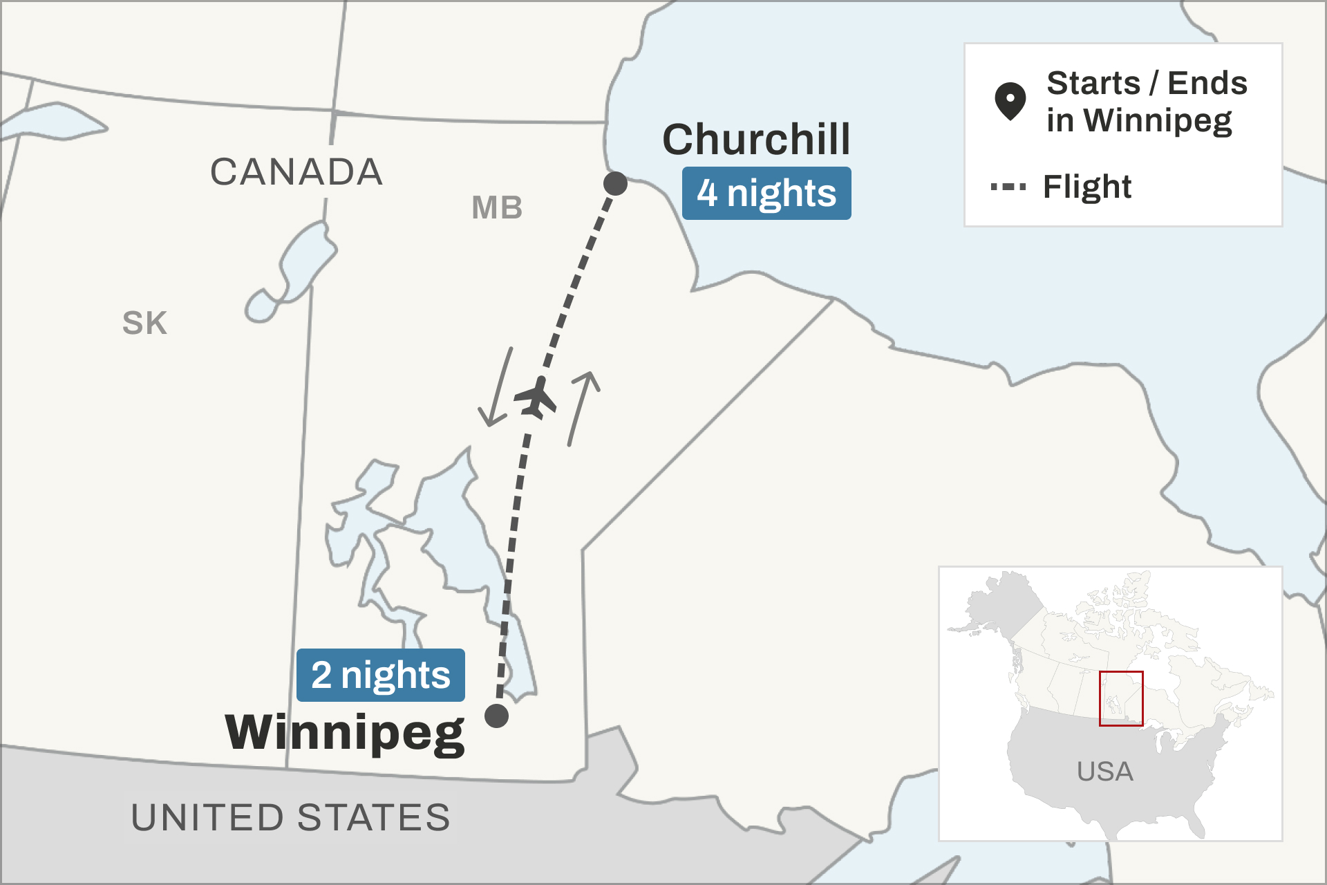 Map of the Belugas and Bears trip map from Winnipeg to Churchill