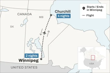Map of the Belugas and Bears trip map from Winnipeg to Churchill