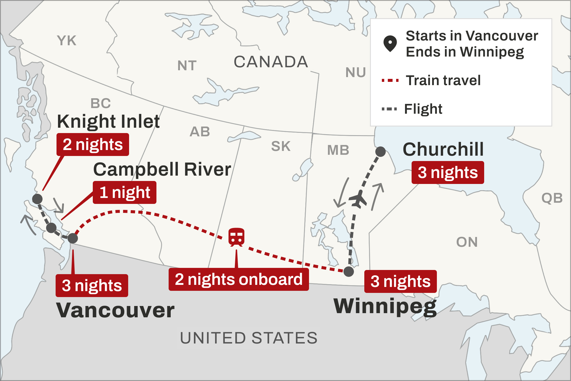 Route map for the Lords of the Wilderness train trip
