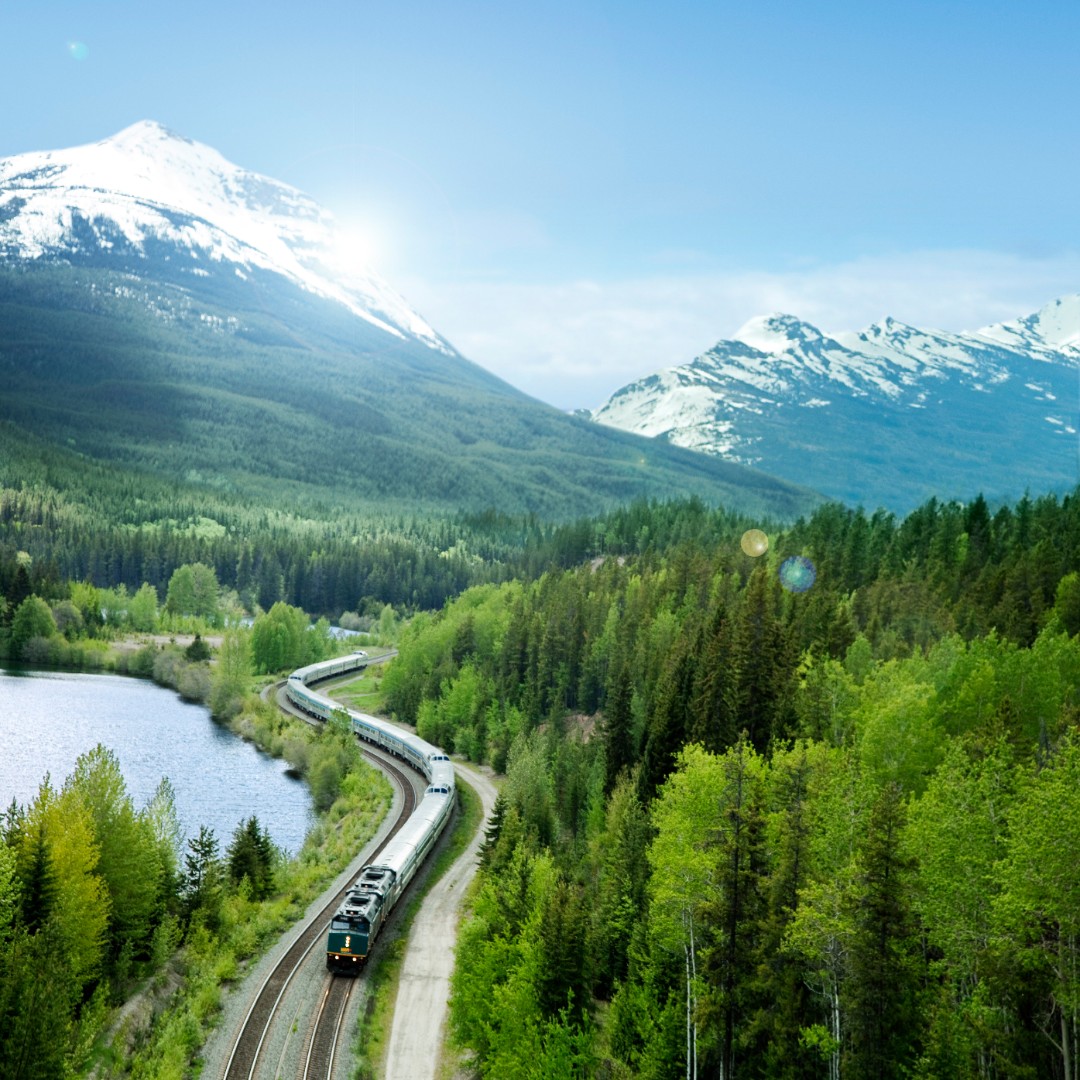 VIA Rail's Vancouver to Toronto train in the Rocky Mountains