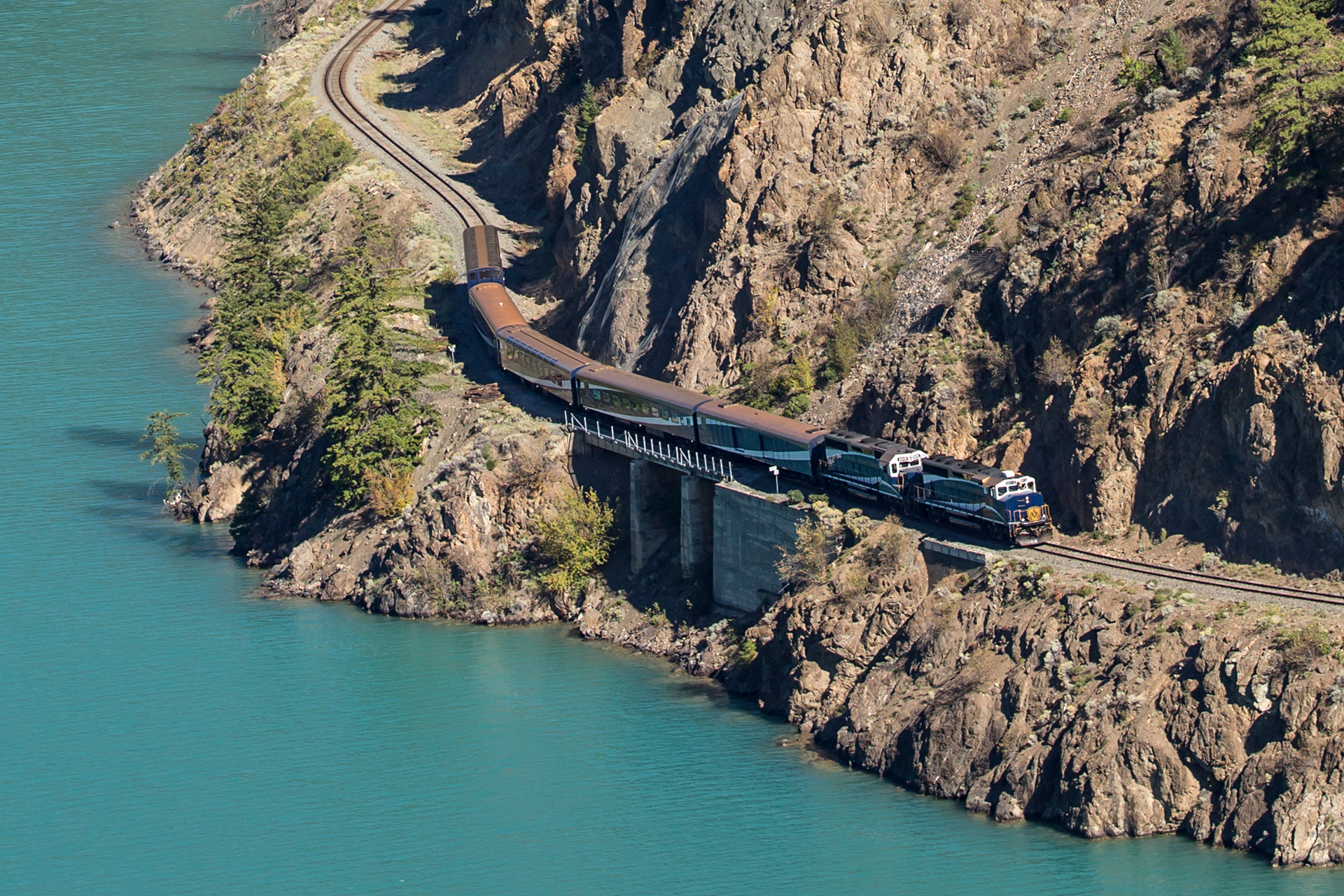 Rocky Mountaineer travelling along the Seton Lake on the Rainforest to Gold Rush route