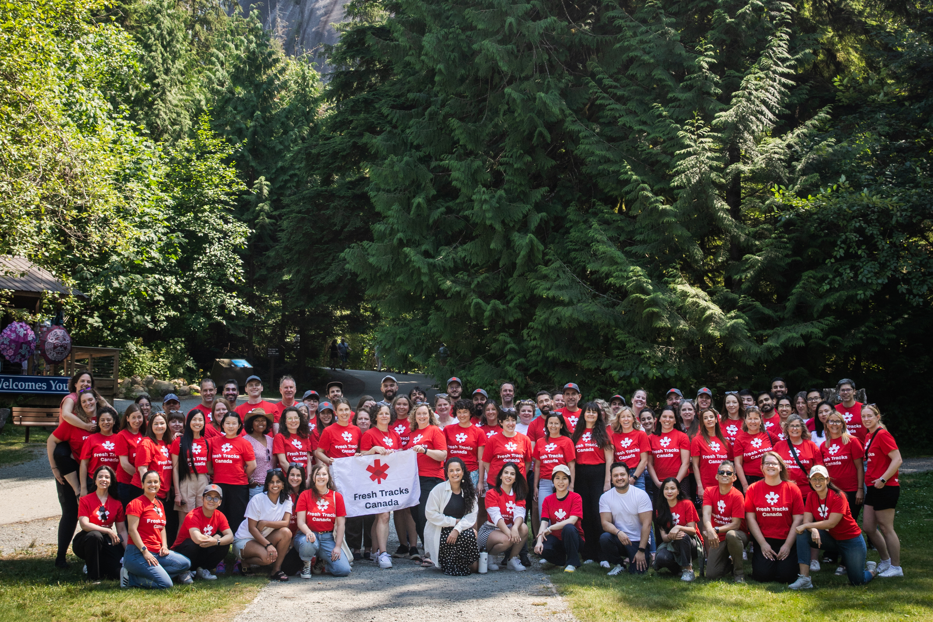 The Fresh Tracks Canada staff taking a photo near Shannon Falls on the Sea to Sky Highway