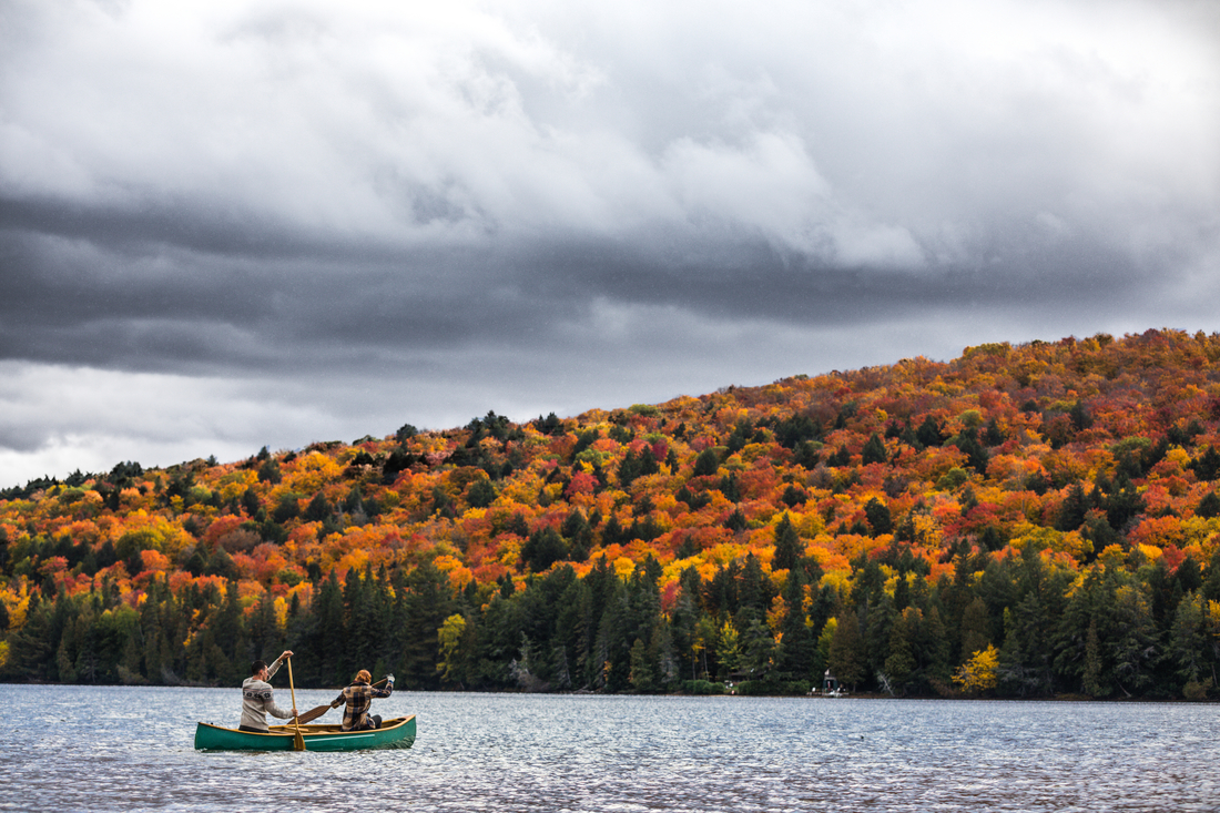 Couple canoeing by fall tress, a great way to see autumn foliage. 