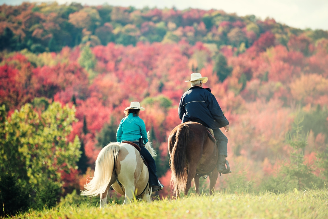 A couple riding horses against a fall landscape in Quebec, Canada.
