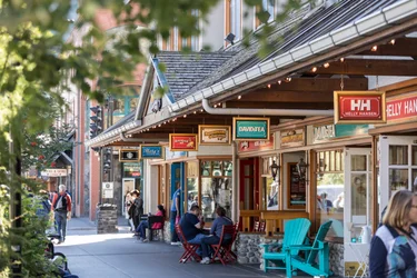 Series of shops next to Banff Avenue and Caribou Street in the town of Banff, Alberta