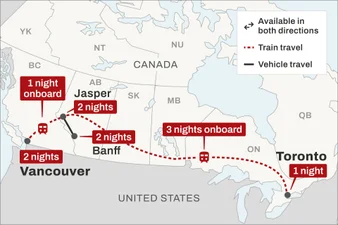 Map of Trans Canada in Winter Itinerary