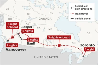 Map of Trans Canada in Winter Itinerary