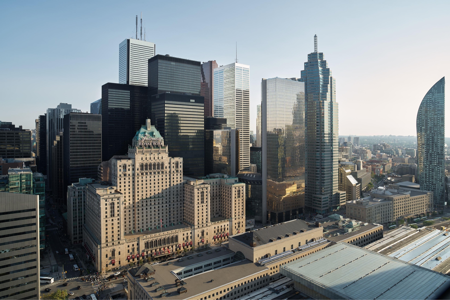 Exterior view of the Fairmont Royal York and downtown Toronto