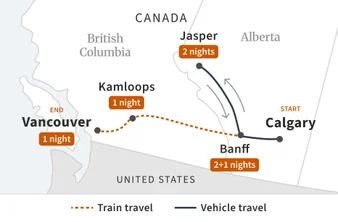 Route map for Rockies Train Extended Getaway with Self-Drive