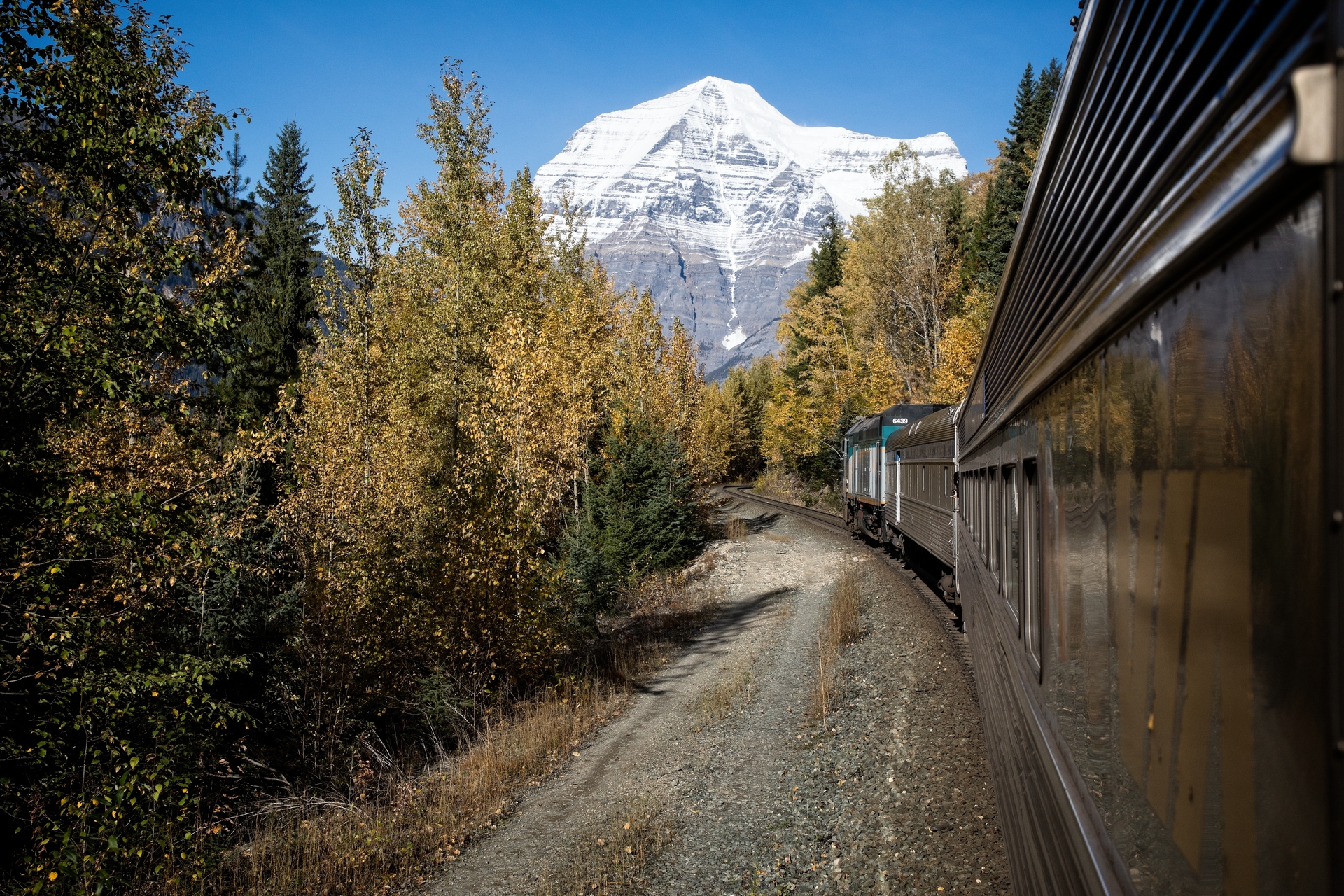 VIA Rail Canadian train in the Rockies on a trans Canada rail tour 