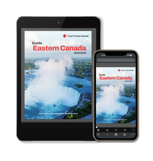 A Canadian Train Brochure on a tablet and phone