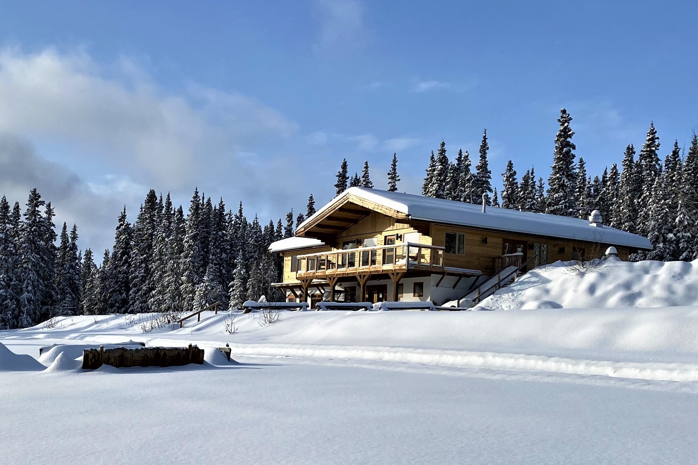 Log restaurant building daytime in winter, Southern Lakes Resort