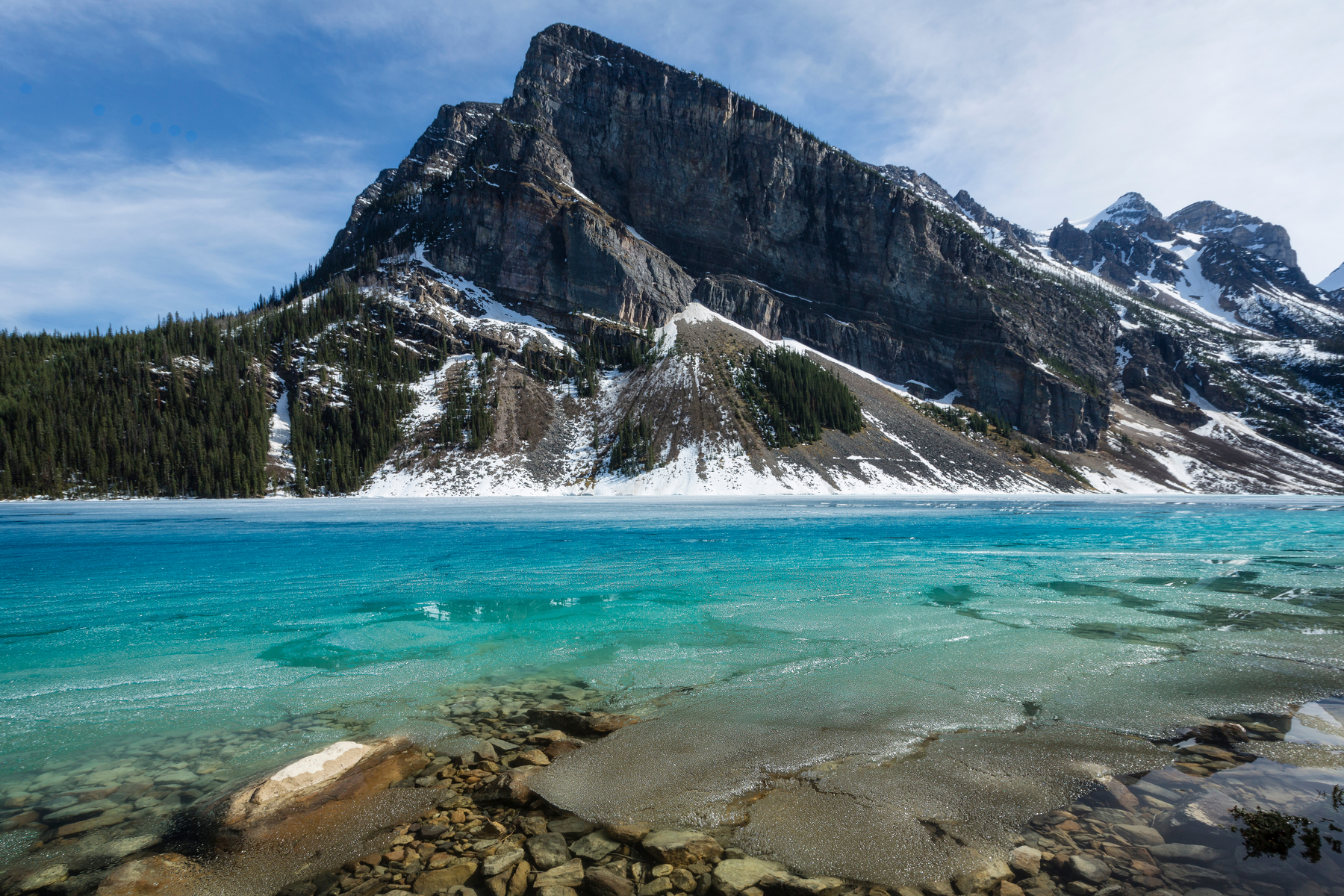 Ice and snow melting at Lake Louise in spring