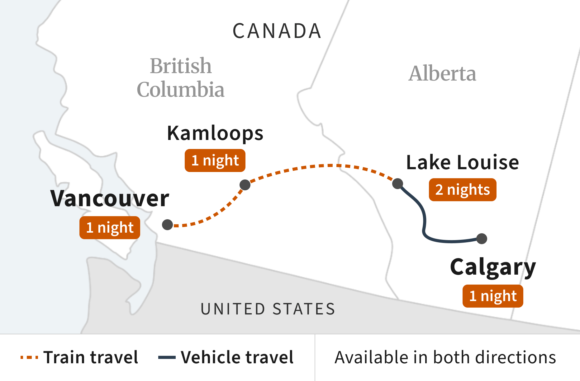 Route map for Vancouver and Lake Louise Extended Getaway