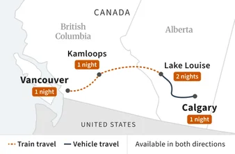 Route map for Vancouver and Lake Louise Extended Getaway