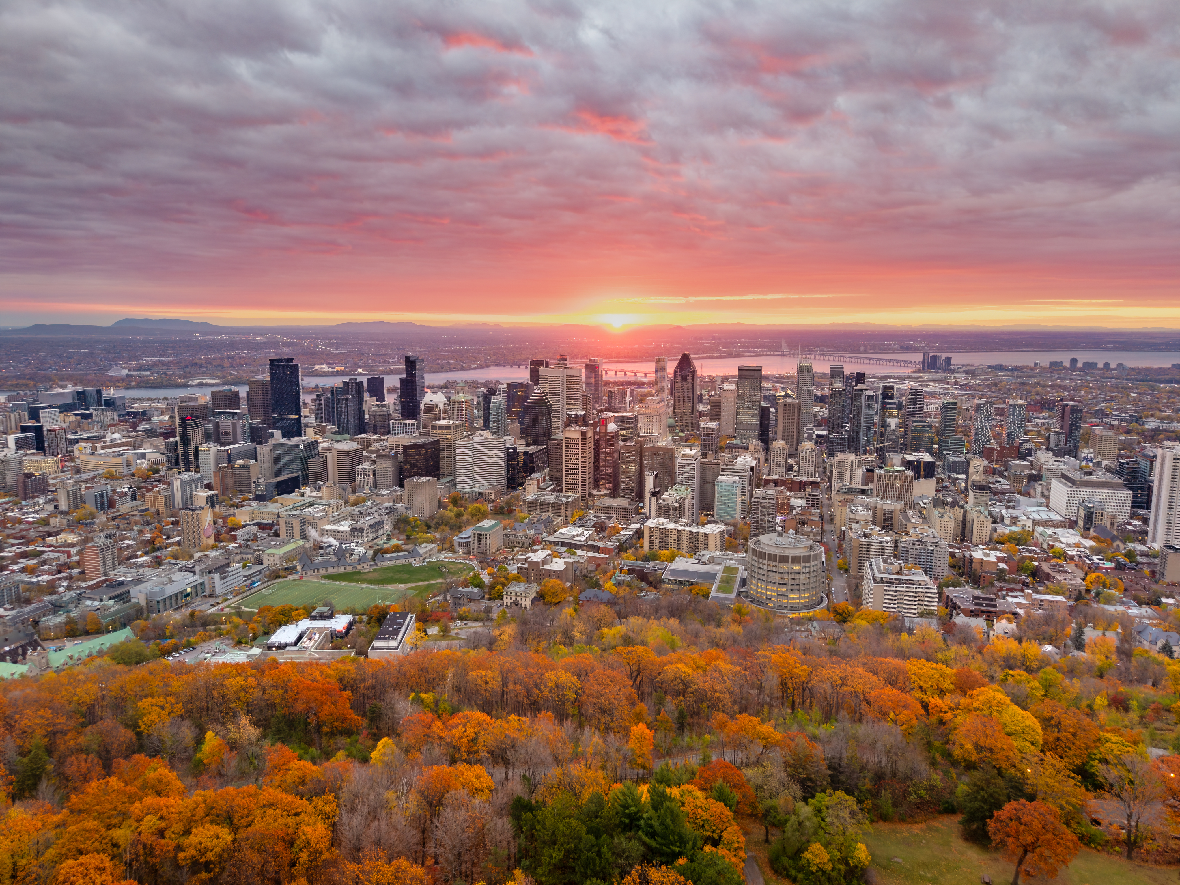Aerial autumn sunrise skyline of downtown Montreal