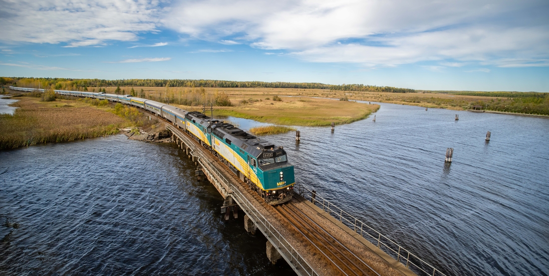 Aerial view of VIA Rail's The Canadian train, which offers a long-distance travel experience. 