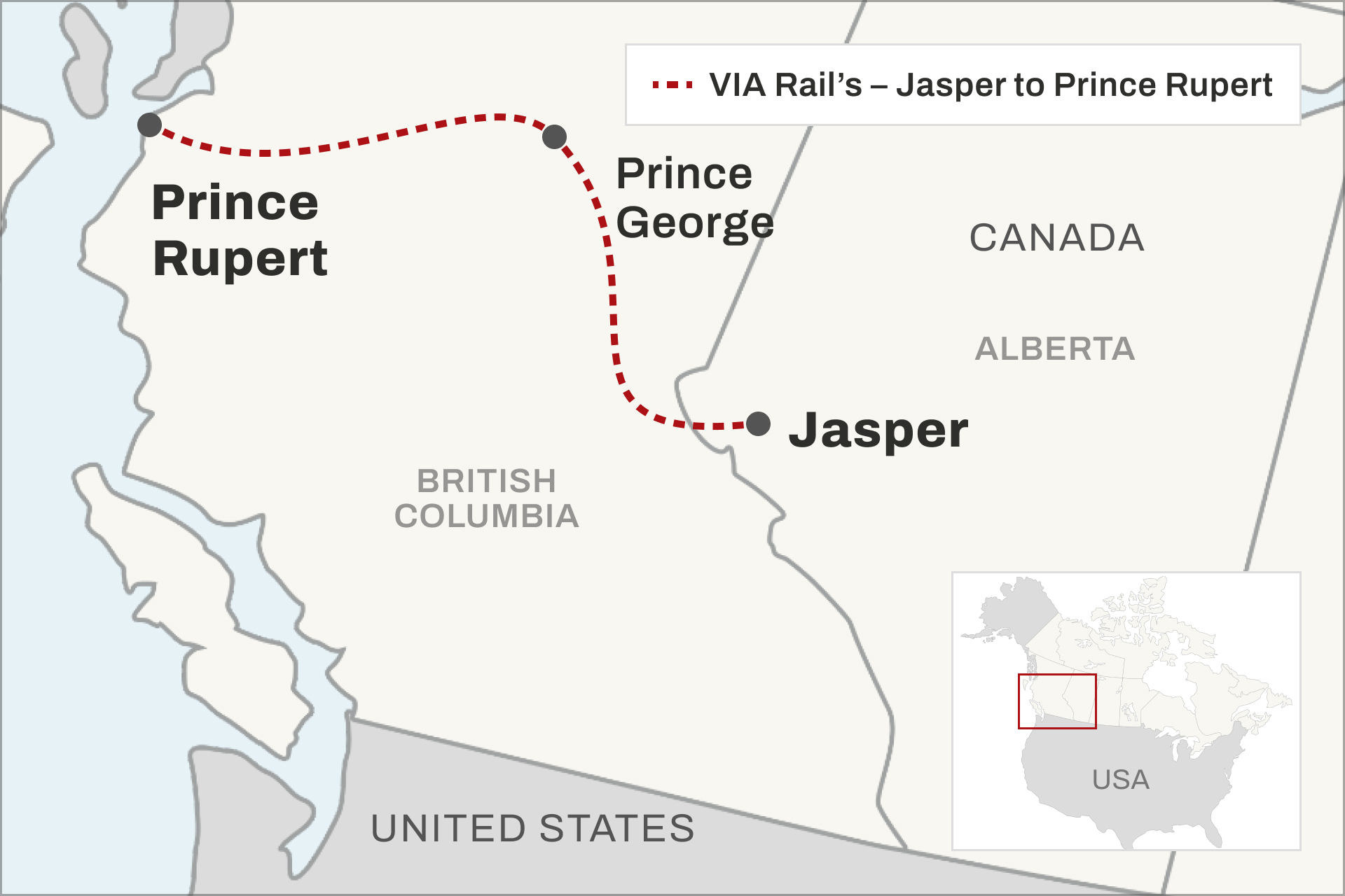 Route map of the Skeena, the Prince Rupert to Jasper VIA Rail train 
