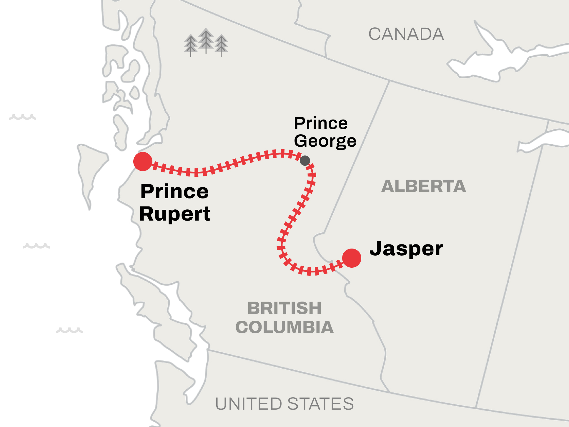 Route map of the Prince Rupert to Jasper VIA Rail train 