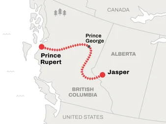 Route map of the Prince Rupert to Jasper VIA Rail train