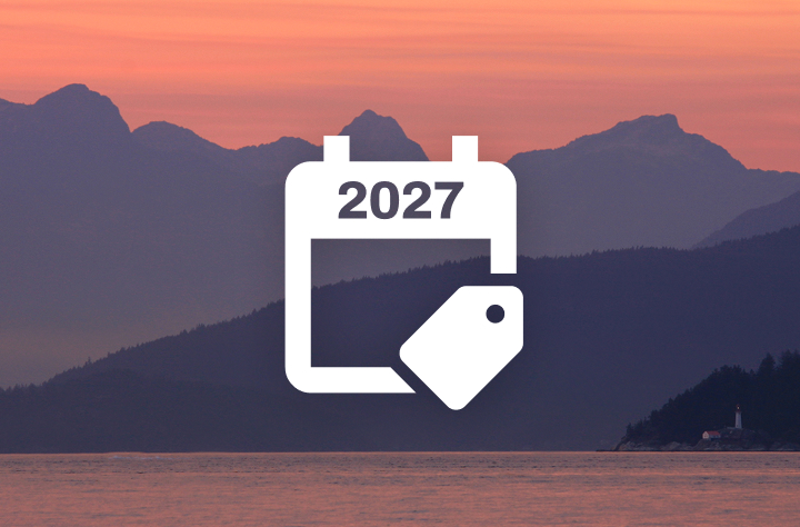 A 2027 calendar icon with a special offer tag over top of mountains with a sunset