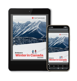 A Canadian Winter Travel brochure displayed on a tablet and cell phone