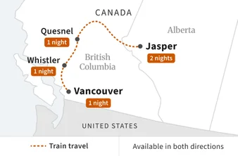 Route map for West Coast and Rockies Getaway