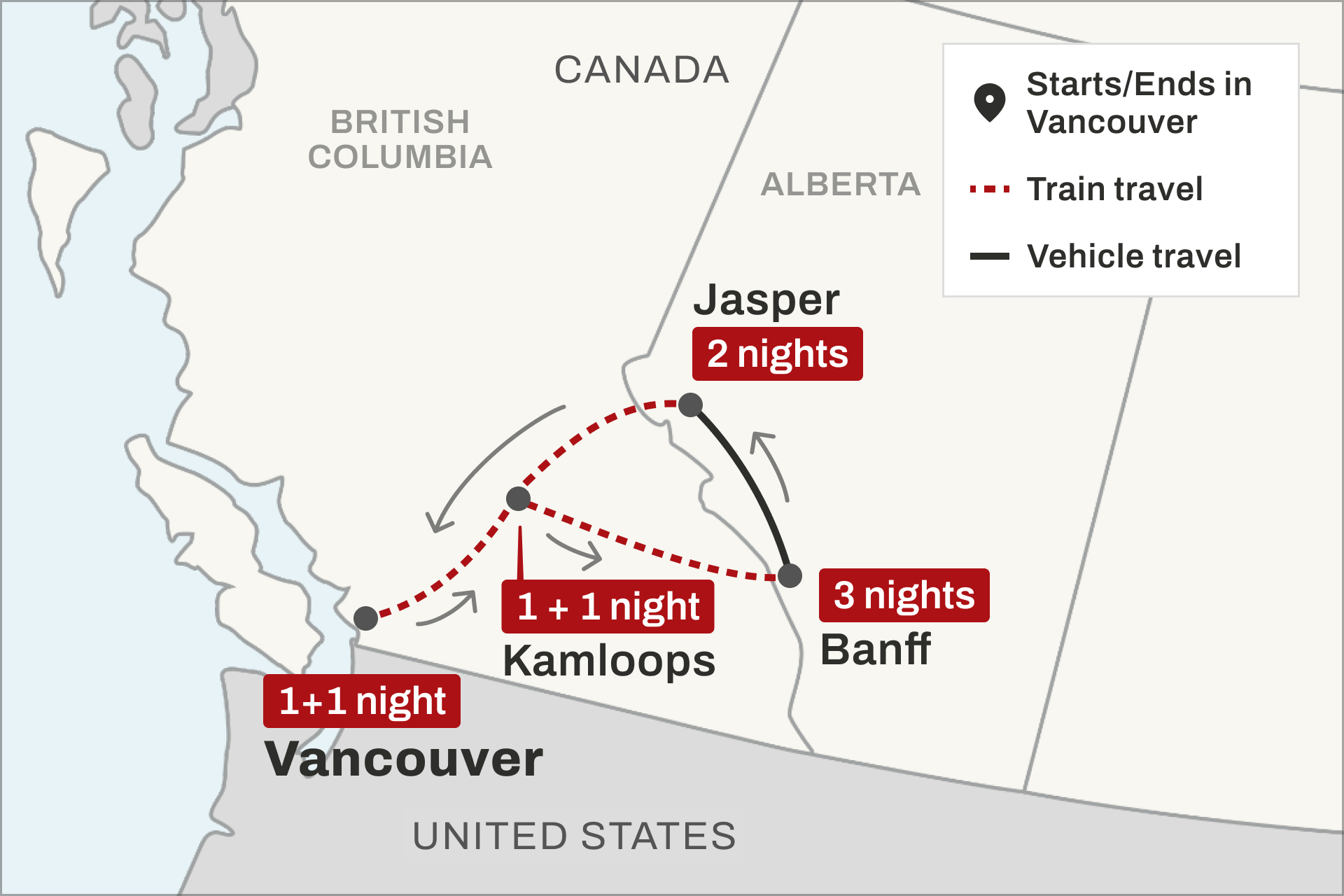 Route map for Circle the Canadian Rockies itinerary