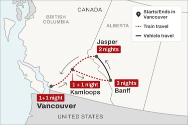 Route map for Circle the Canadian Rockies itinerary