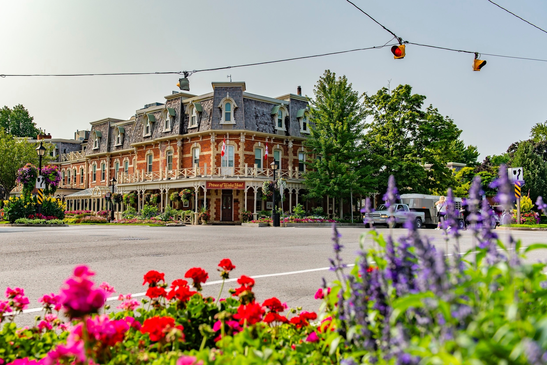 Flowers in front of the Prince of Wales historic hotel in Niagara-on-the-Lake