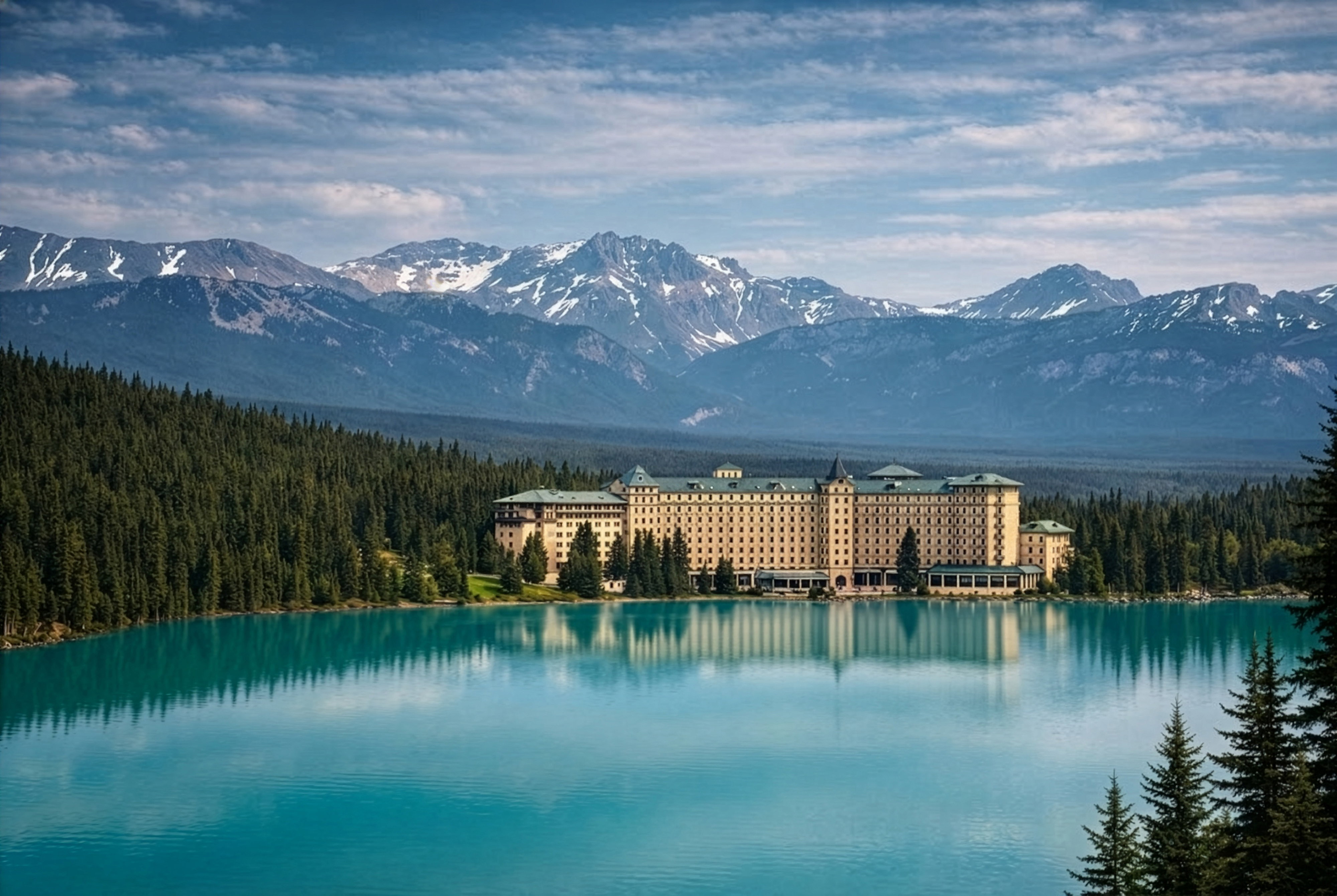 View of Fairmont Chateau Lake Louise with turquoise water and mountains in behind
