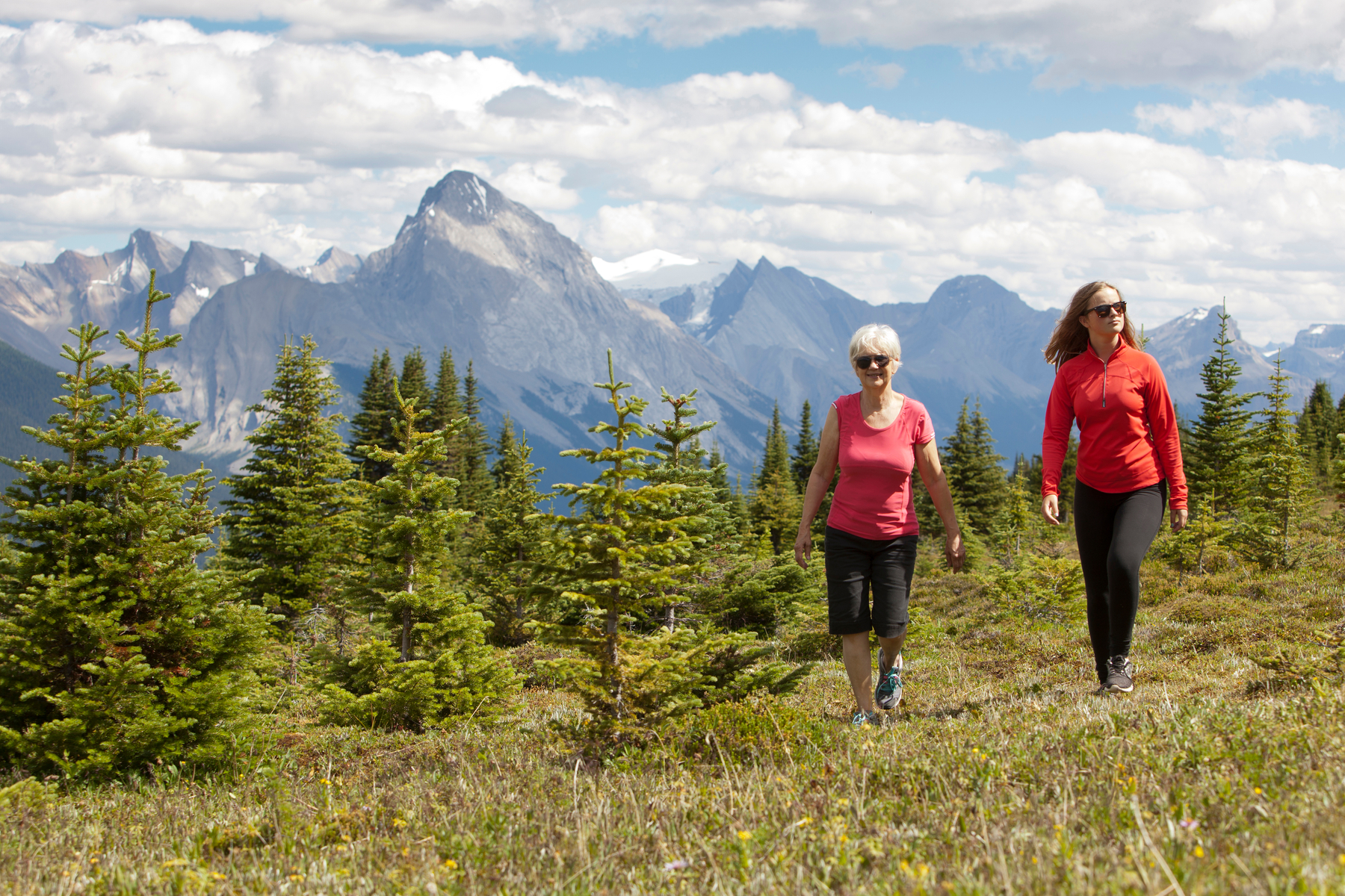 Younger and older younger walk in woods with mountains in the background