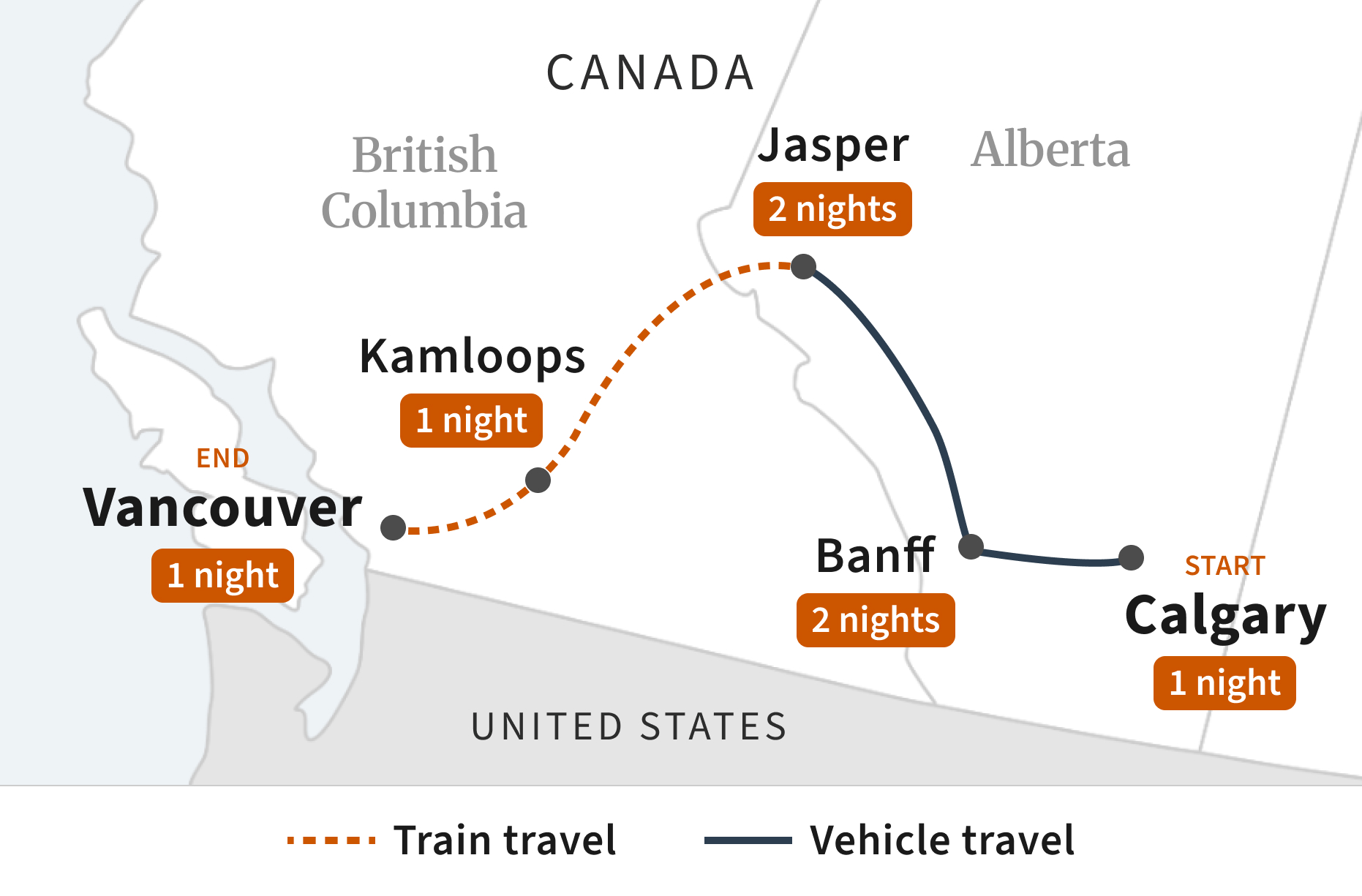 Route map for Jasper and Banff Extended Getaway