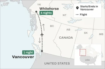 Map showing 1 night Vancouver, 4 nights Whitehorse, and a return flight between the two cities.