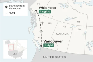 Map showing 1 night Vancouver, 4 nights Whitehorse, and a return flight between the two cities.