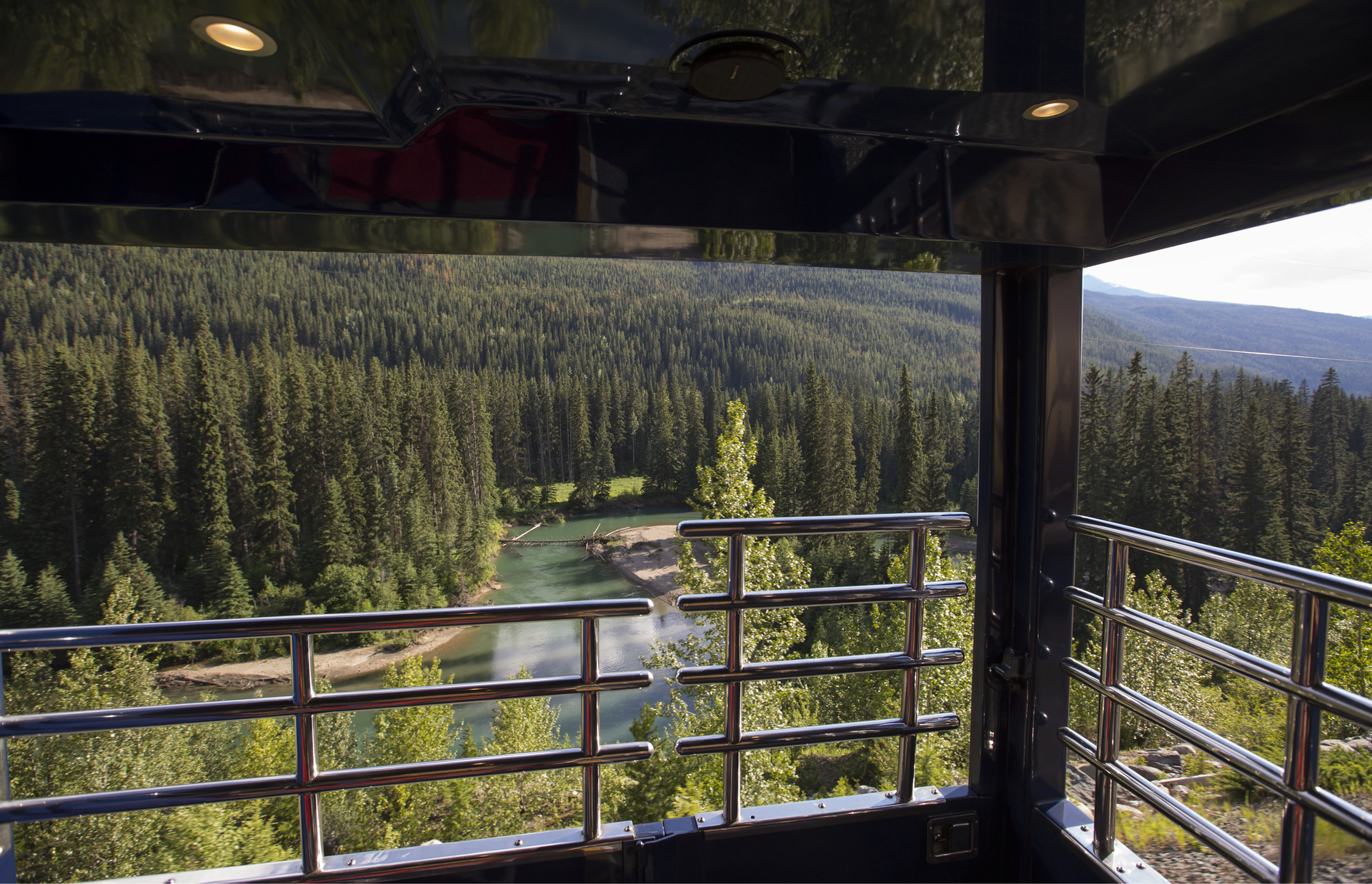 View of the Miette River, Alberta, from the GoldLeaf viewing platform on Rocky Mountaineer